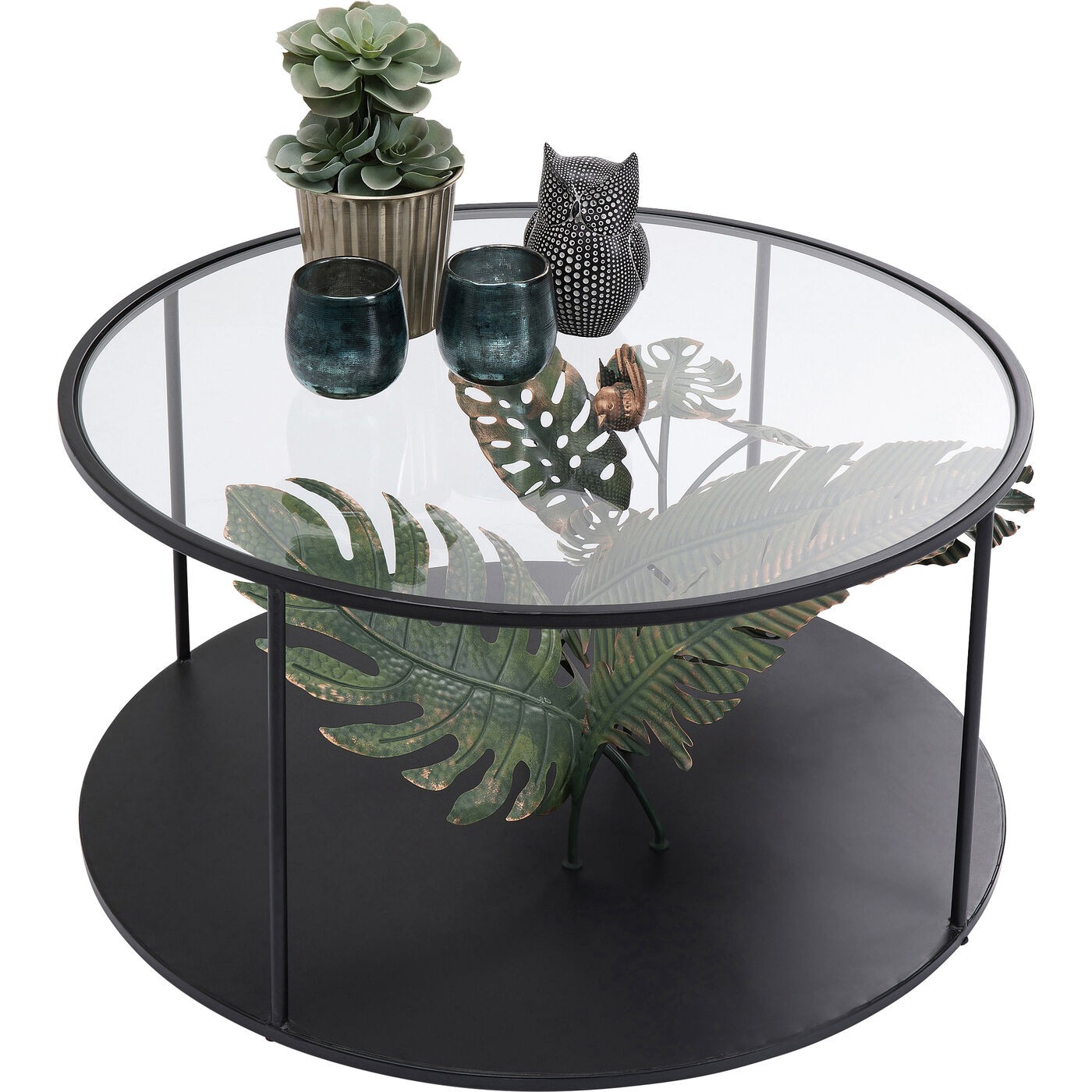 Table basse noire feuilles tropicales 80cm Kare Design