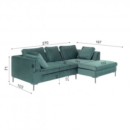 Canapé d'angle Gianna 270cm droite velours vert foncé pieds acier Kare Design