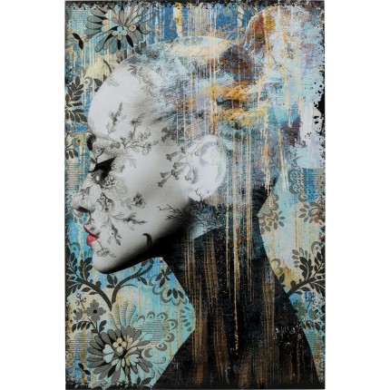 Tableau en verre bleu femme profil fleurs 100x150cm Kare Design