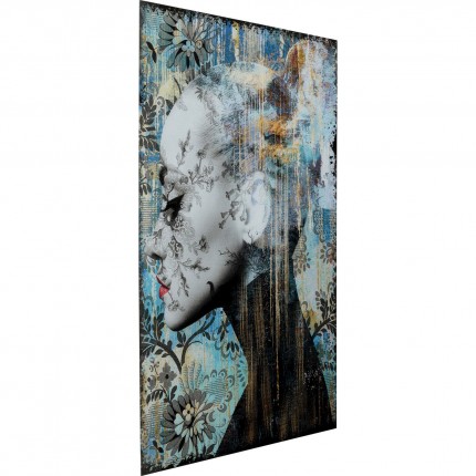 Tableau en verre bleu femme profil fleurs 100x150cm Kare Design