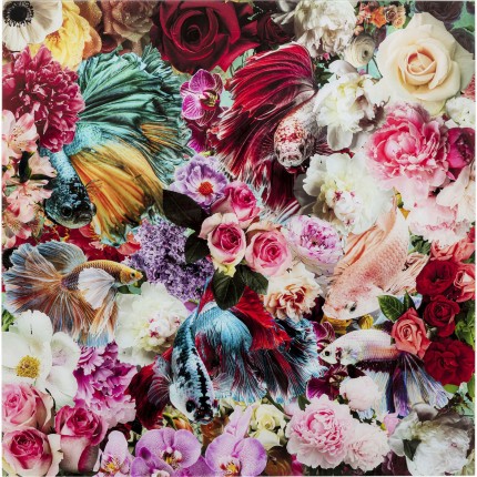 Tableau en verre poissons et fleurs 120x120cm Kare Design
