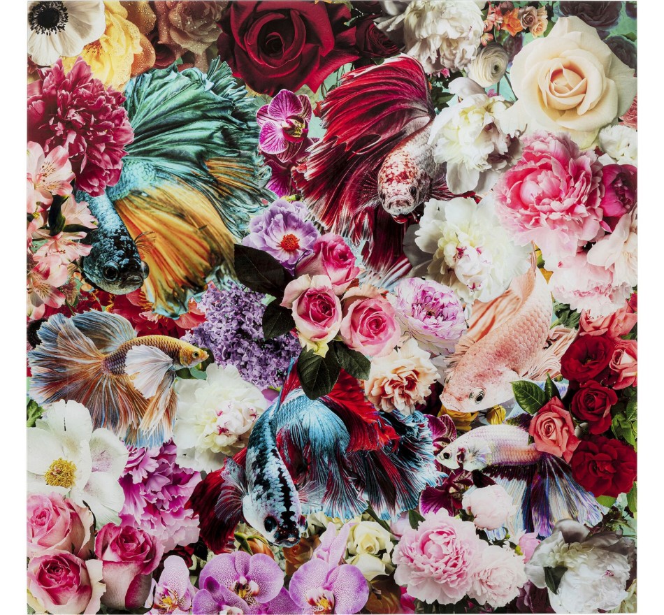 Tableau en verre poissons et fleurs 120x120cm Kare Design