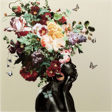 Tableau en verre femme fleurs 100x100cm beige Kare Design