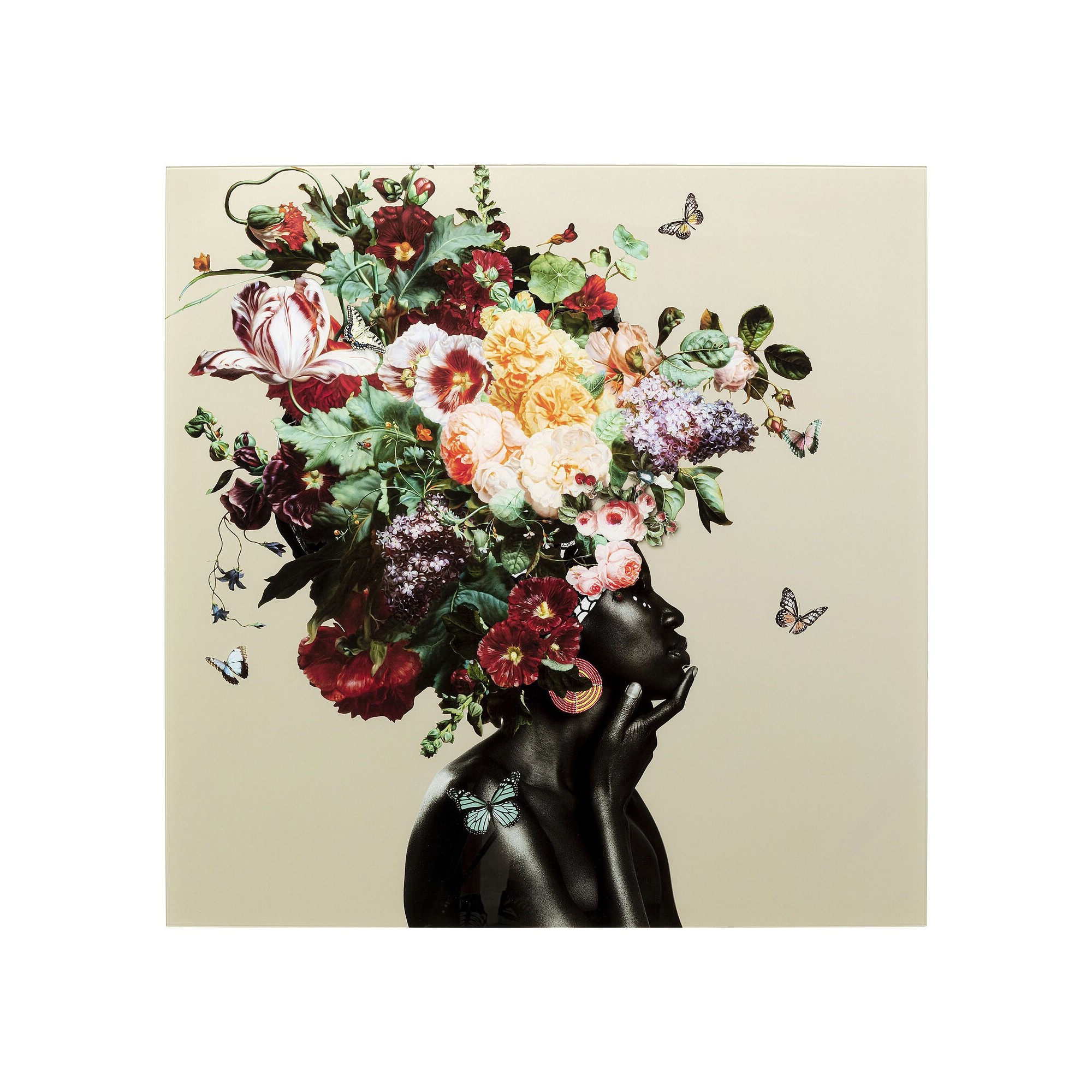 Tableau en verre femme fleurs 100x100cm beige Kare Design