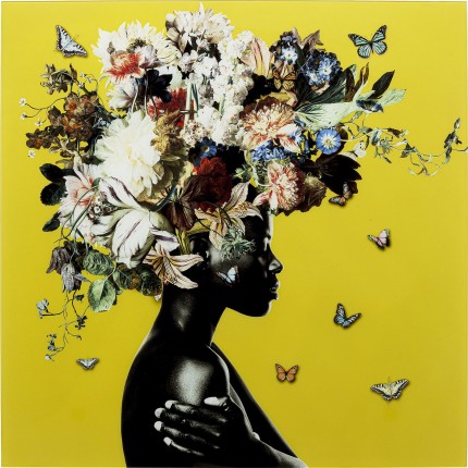 Tableau en verre femme fleurs 100x100cm jaune Kare Design