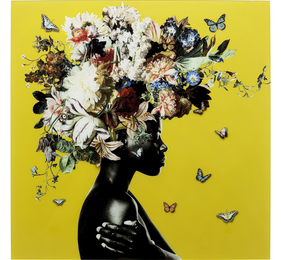 Tableau en verre femme fleurs 100x100cm jaune Kare Design