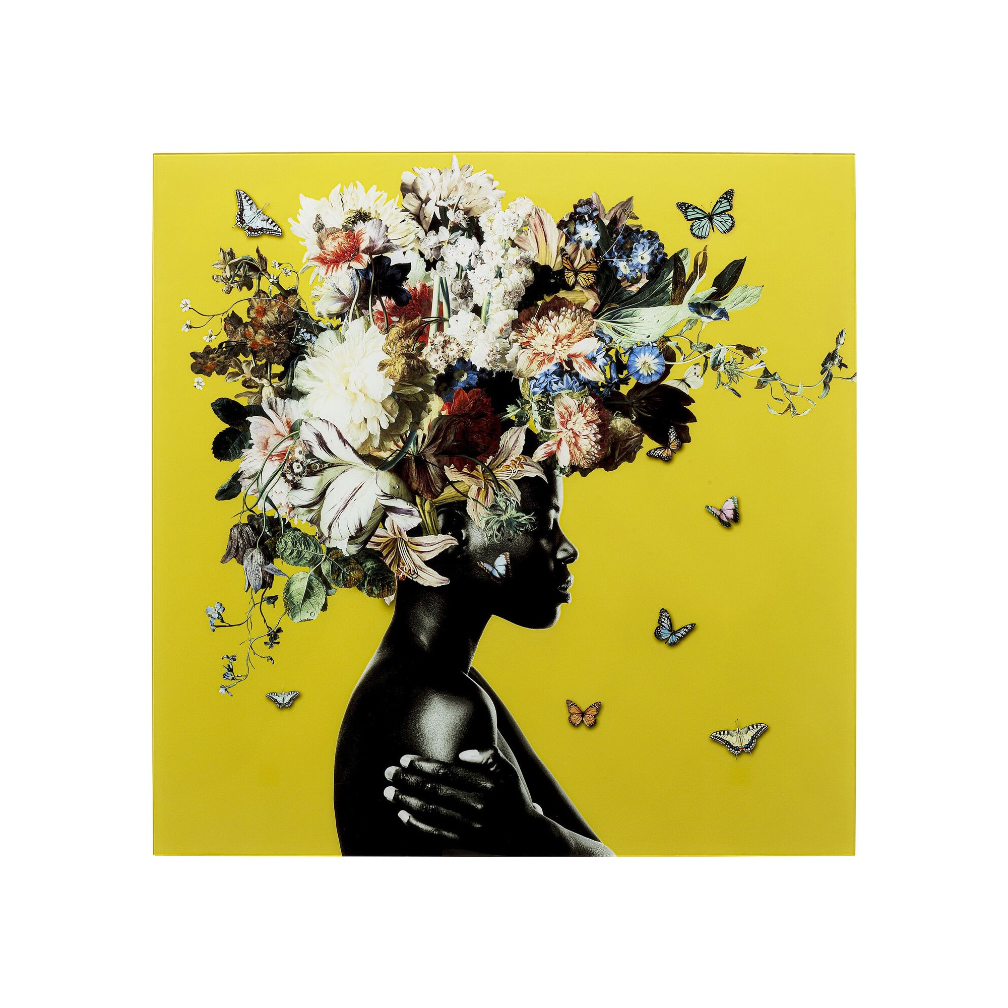 Tableau en verre femme fleurs 100x100cm jaune Kare Design