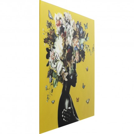 Tableau en verre femme fleurs 100x100cm jaune Kare Design