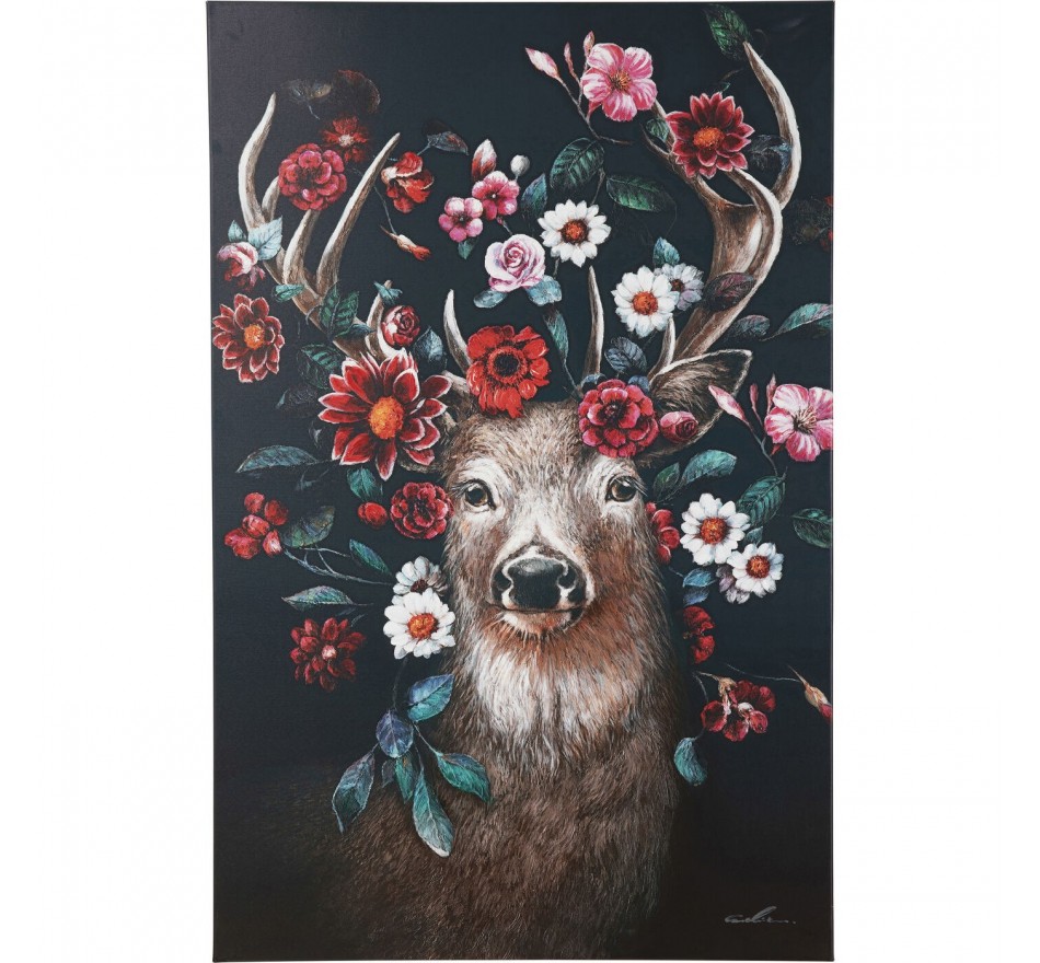 Peinture cerf fleurs 90x140cm Kare Design