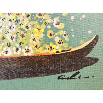 Tableau Touched fleurs pirogue vert et jaune 80x100cm Kare Design