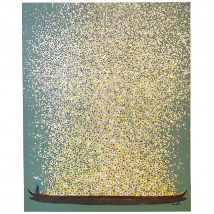 Tableau Touched fleurs pirogue vert et jaune 80x100cm Kare Design