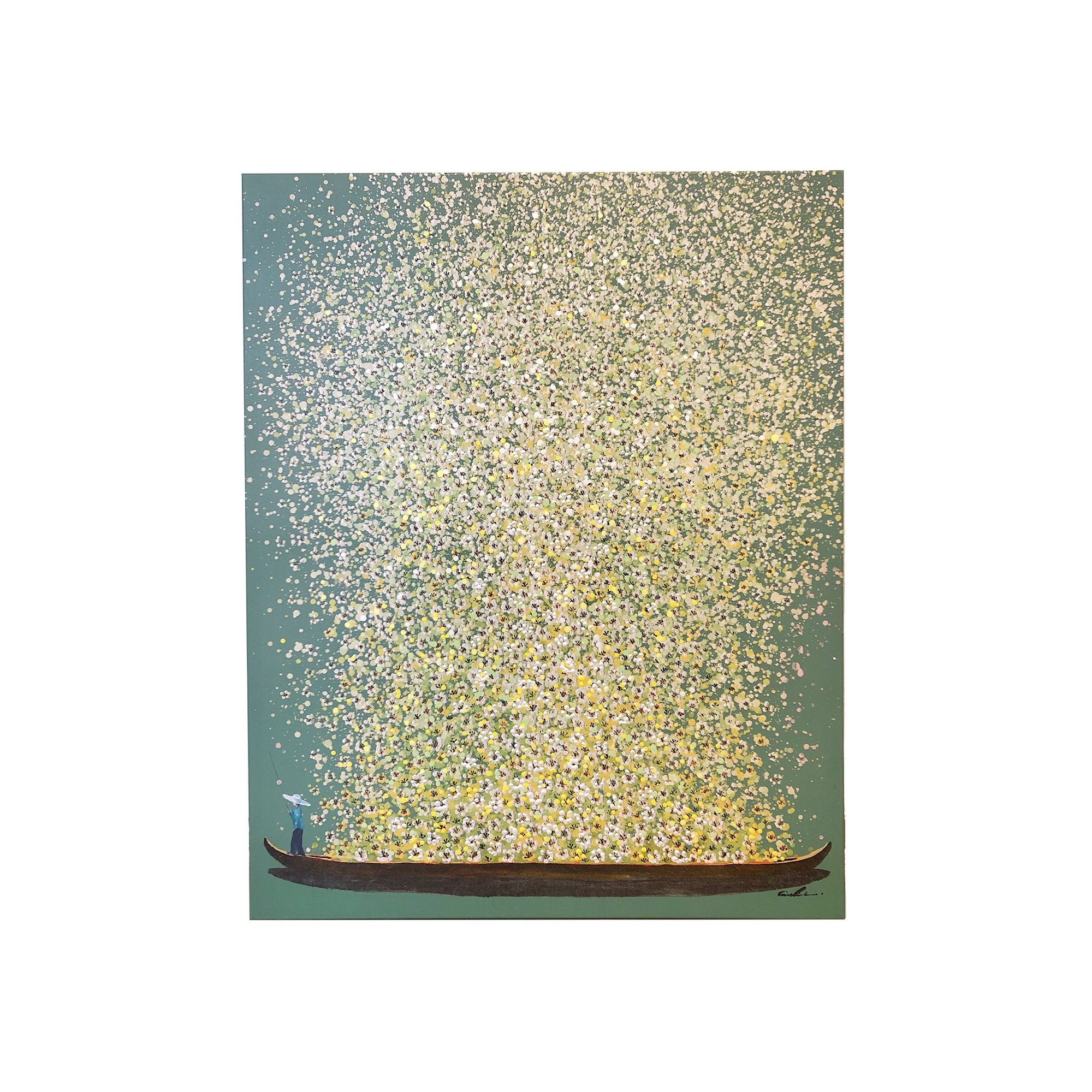 Tableau Touched fleurs pirogue vert et jaune 120x160cm Kare Design