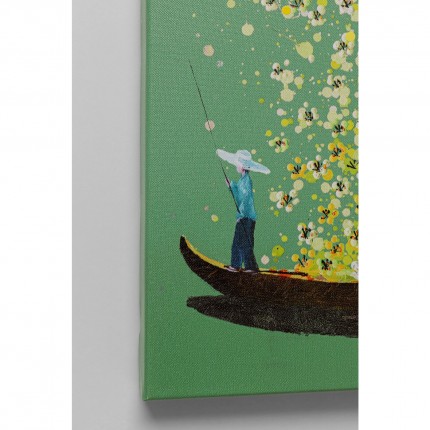 Tableau Touched fleurs pirogue vert et jaune 80x100cm Kare Design