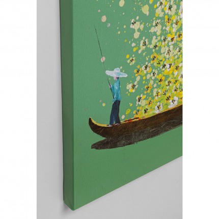 Tableau Touched fleurs pirogue vert et jaune 120x160cm Kare Design