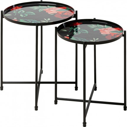 Tables d'appoint noires fleurs roses set de 2 Kare Design