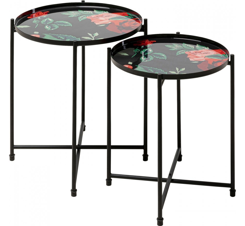 Tables d'appoint noires fleurs roses set de 2 Kare Design