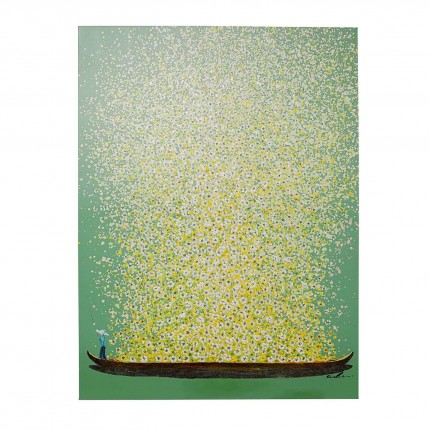 Tableau Touched fleurs pirogue vert et jaune 80x100cm Kare Design