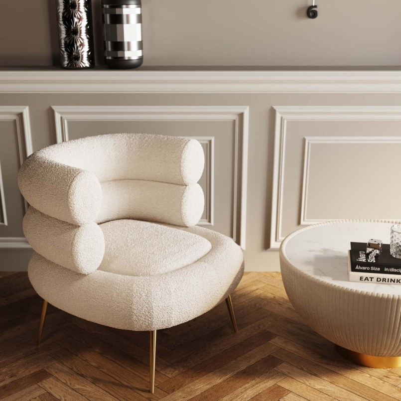 Fauteuil rétro en tissu crème bouclé et acier doré - Livelli - Kare Design