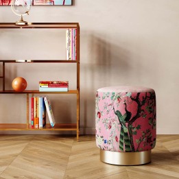 Tabouret en velours rose motifs paon et fleurs - Cherry - Kare Design