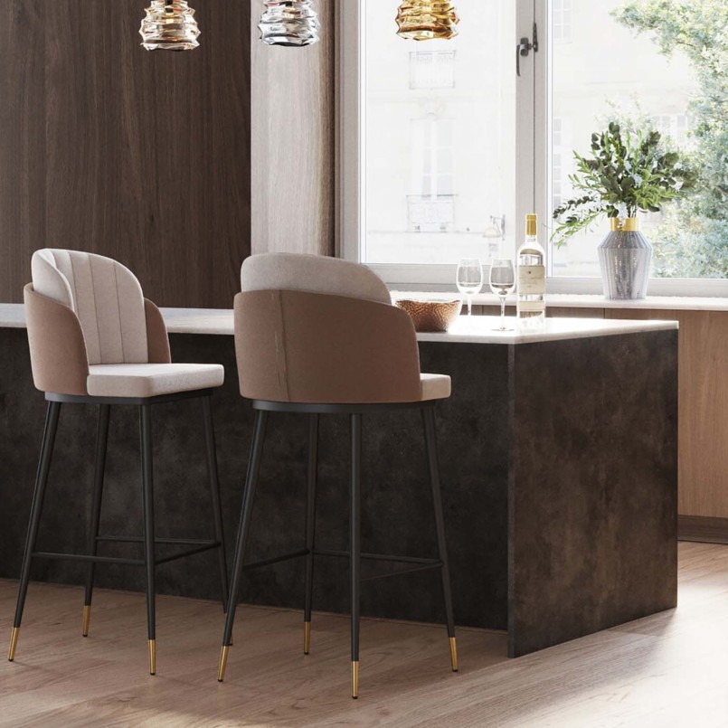 Tabouret de bar en velours beige et taupe - Hojas - Kare Design