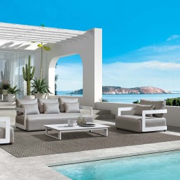 Garden armchair in light grey fabric and white aluminium - Rafa - Gescova