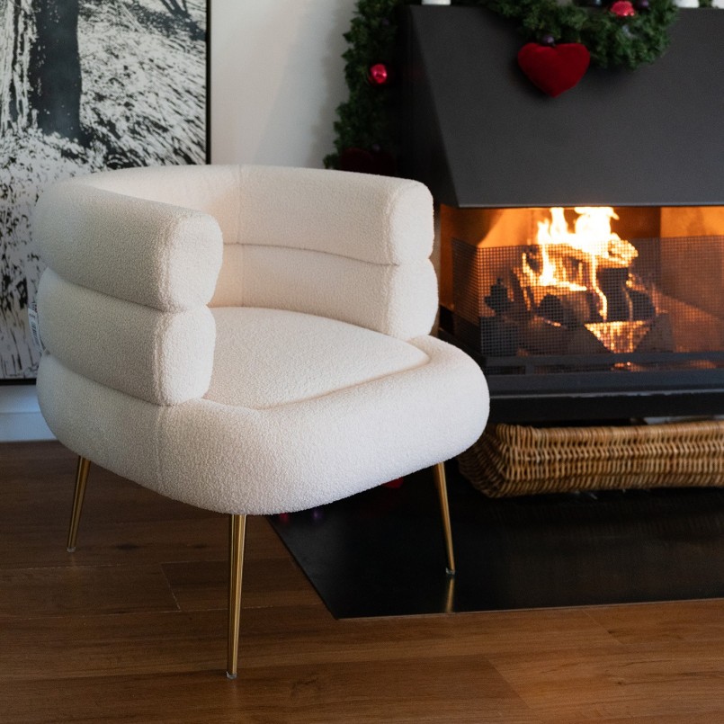 Retro armchair in curly cream fabric and gilded steel - Livelli - Kare Design