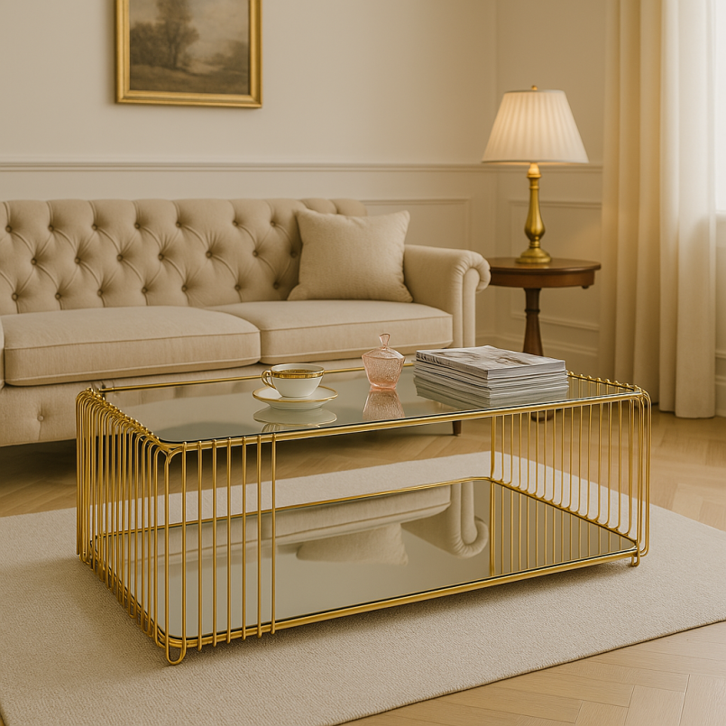 Coffee table in gilded steel and mirrored glass - Wire Double - Kare Design