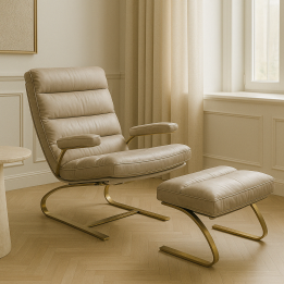 Leather and gold-plated steel armchair and footrest - Novel - Kare Design