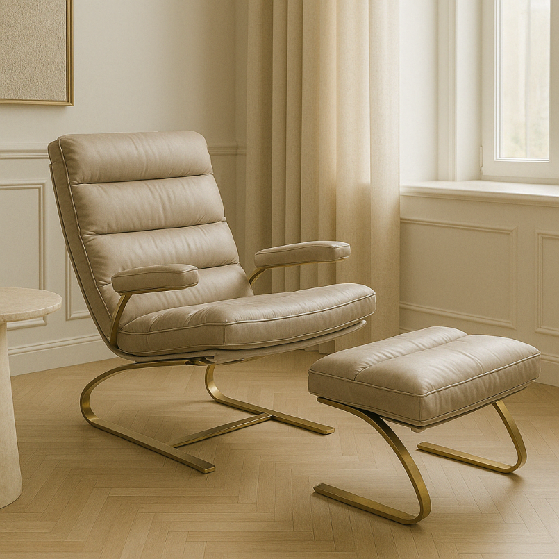 Leather and gold-plated steel armchair and footrest - Novel - Kare Design