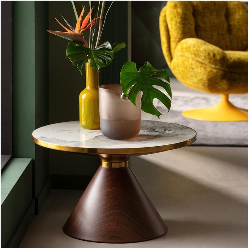Table basse ronde en céramique blanc et effet bois - Cono - Kare Design