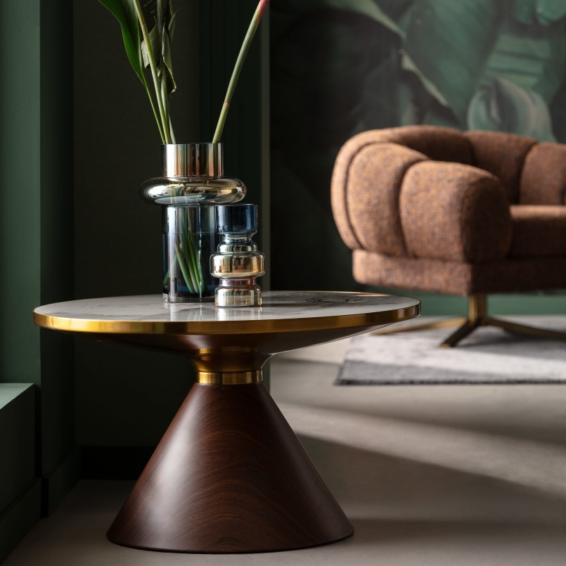 Round coffee table in white stoneware and wood effect - Cono - Kare Design