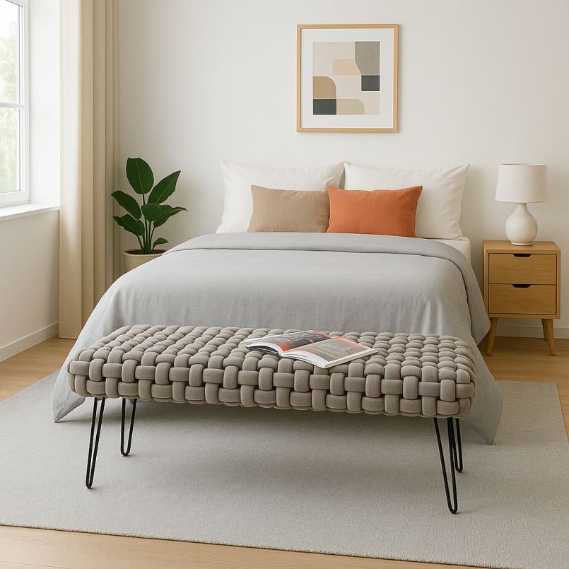 Grey velvet bench with chunky mesh effect - Weave - Kare Design