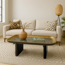 Table basse en marbre gris et acier doré martelé - Mala - Kare Design