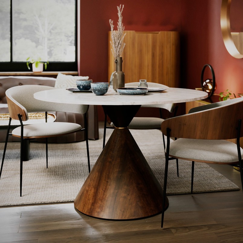 Table ronde en céramique blanche et noyer - Cono - Kare Design