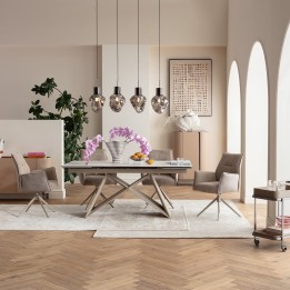 Table à rallonges en grès blanc et acier taupe - Nelly - Kare Design