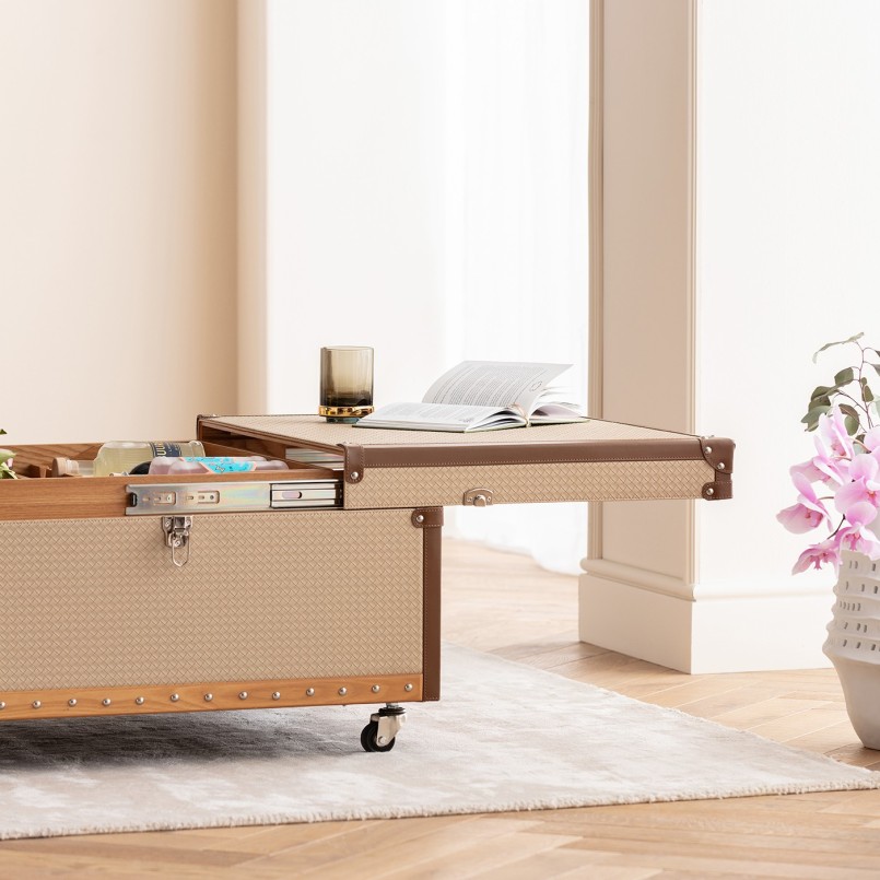 Table basse coffre bar simili tressé beige - Venezia - Kare Design