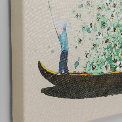 Tableau Touched fleurs pirogue beige et vert 80x100cm Kare Design