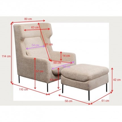 Armchair with stool Quinn beige Kare Design