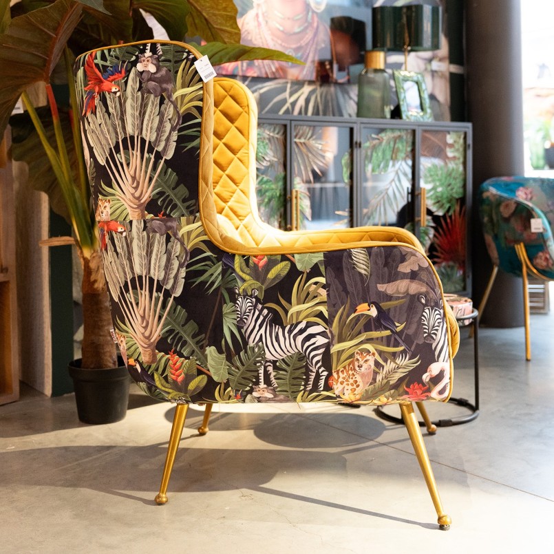 Fauteuil en velours ocre imprimés jungle - Nona - Kare Design