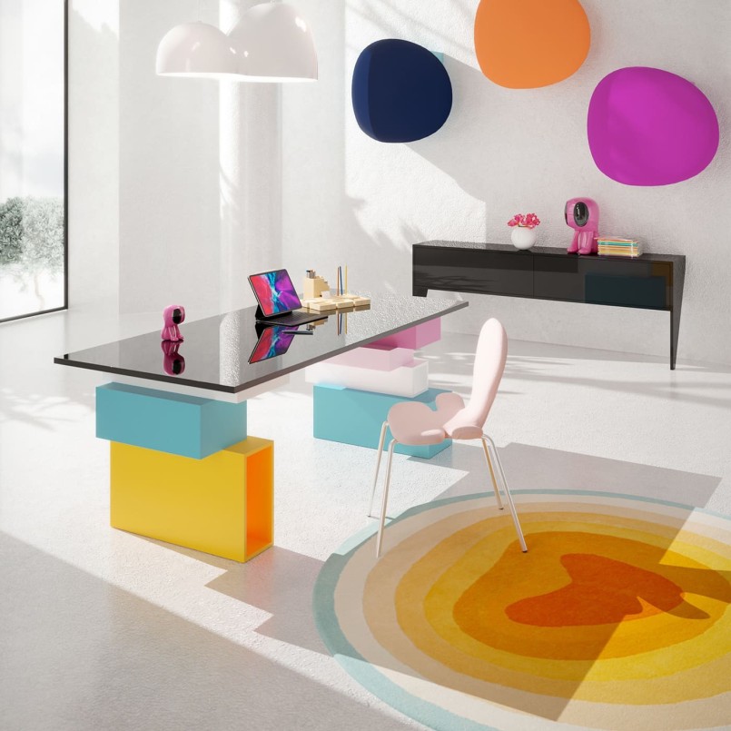 Tapis rond dégradé orange, jaune et bleu - Aura - Kare Design