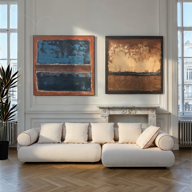 Square abstract painting blue and brown - Silence - Kare Design