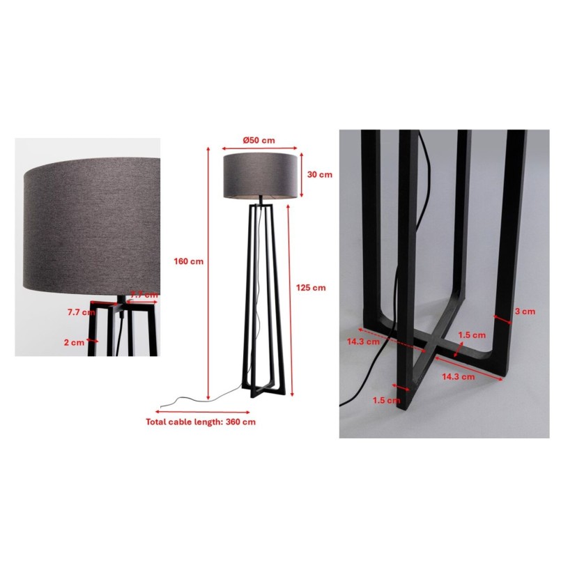 Lampadaire en acier noir et tissu gris foncé - Timon - Kare Design