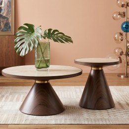 Table basse ronde en grès et noyer - Cono Travertino - Kare Design