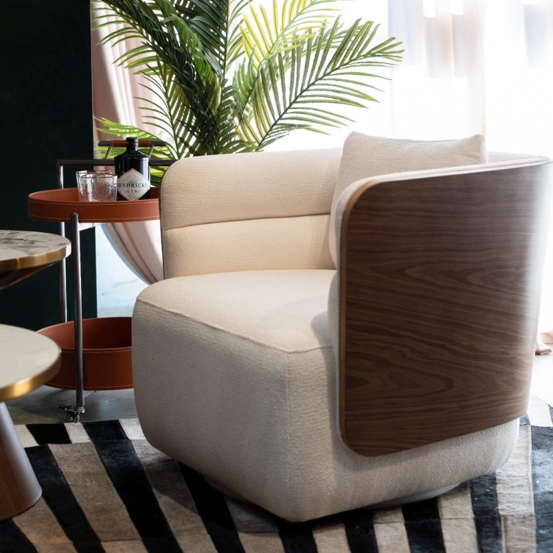 Fauteuil pivotant noyer et polyester beige - Marc - Kare Design