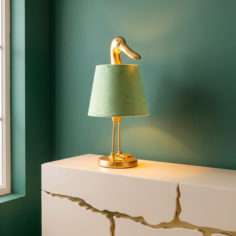 Lampe canard doré abat-jour en lin vert - Kare Design