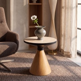 Table d'appoint ronde en grès beige et chêne - Cono Travertino - Kare Design