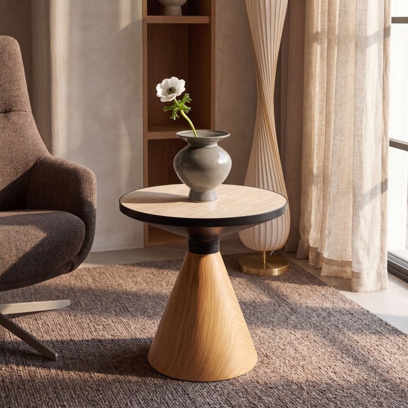 Table d'appoint ronde en grès beige et chêne - Cono Travertino - Kare Design