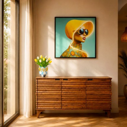 Framed Picture LED yellow hat woman 80x80cm Kare Design