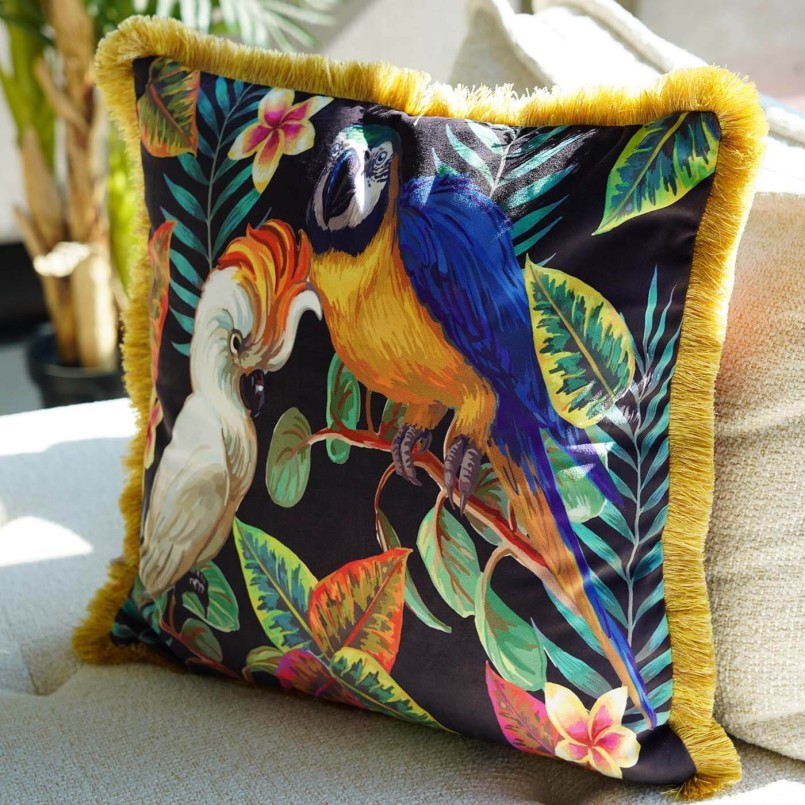 Coussin à franges oiseaux exotiques - Kare Design