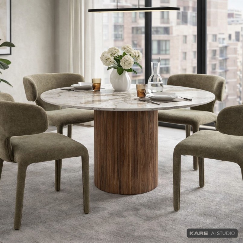 Brown Round Dining Table with Stoneware Top - Ruben - Kare Design